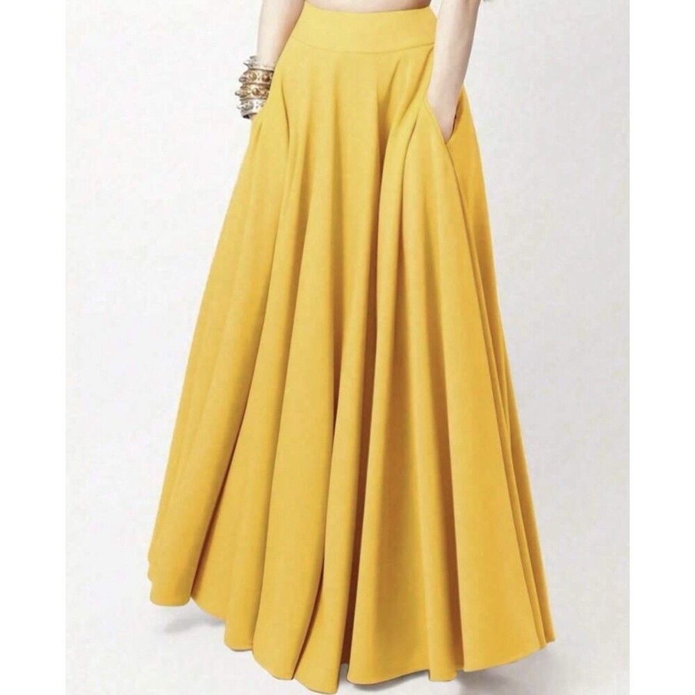 Womens High Waist Flared Maxi Skirt A-Line Yellow Back Elastic Pockets New Boho